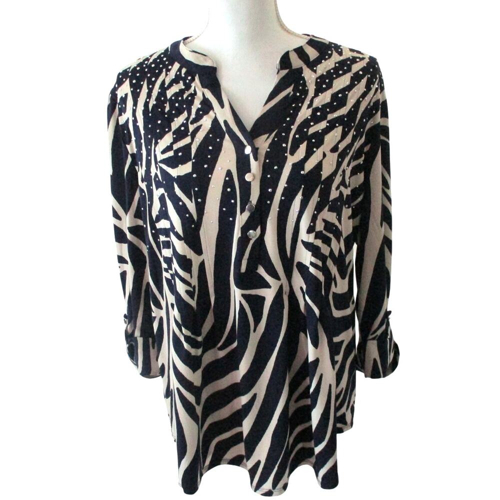 Ava & Grace Women's Blue Roll Tab Long Sleeve Stretch Beaded Shirt NWT Size L.